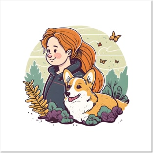 Corgi & Girl Cute Pembroke Welsh Corgi Floral Vintage Dog Lover Posters and Art